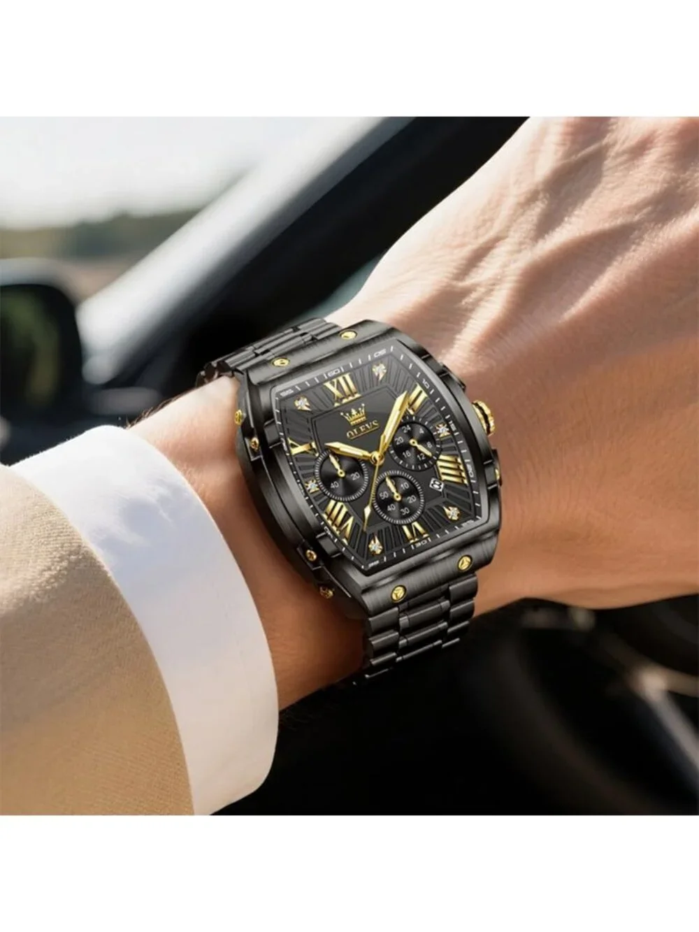 Men's All Black Chronograph Rectangle Stainless Steel Luminous Classic Watch